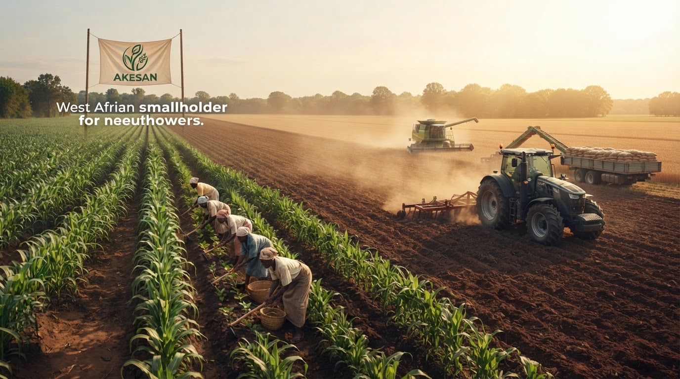 West African farmers tending a maize field alongside mechanised harvesting equipment